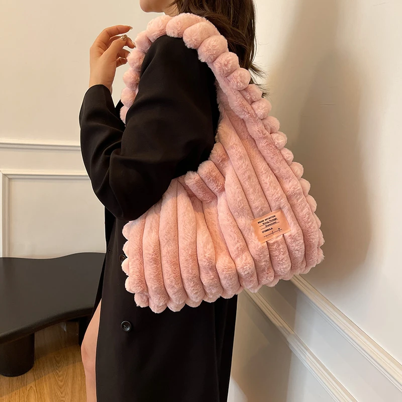 Простая повседневная универсальная женская плиссированная плюшевая сумка-тоут