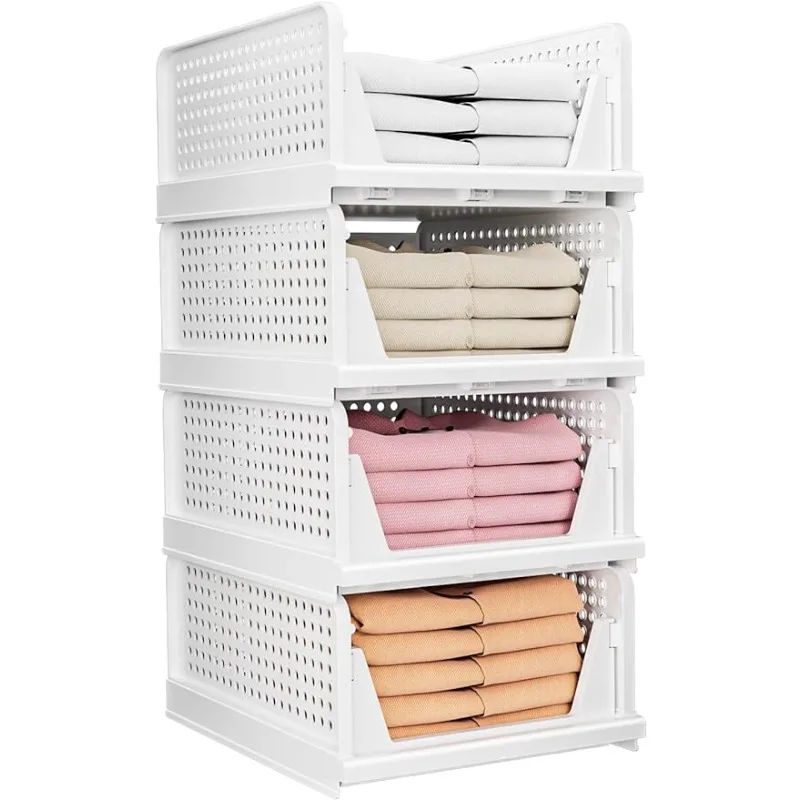 

4 Pack Folding Closet Organizers Storage Box, Stackable Plastic Drawer Basket for Clothing