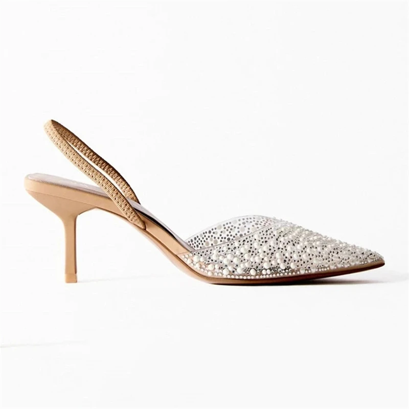 TRAF женские прозрачные туфли-лодочки на среднем каблуке с жемчугом туфли шпильке