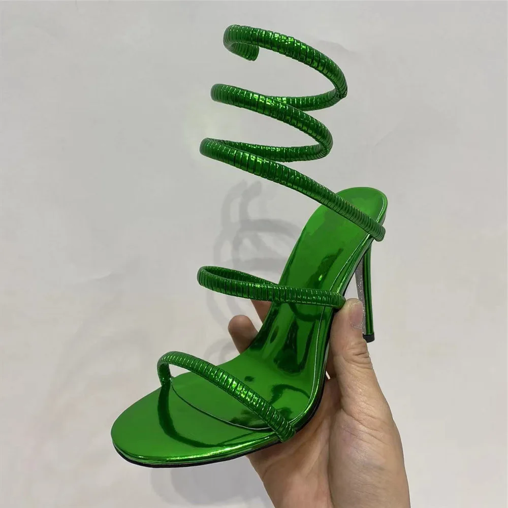 

2023 New Arrivals Green Round Peep Toe Snake Winding Slingback Shoes Women Slip-on Thin High Heels Gladiator Ankle Strap Sandals