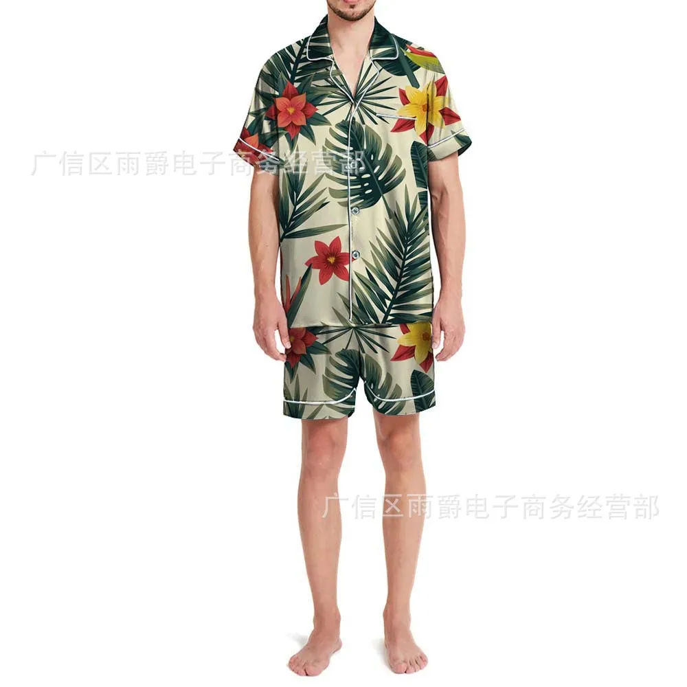 Men's Silk Pajamas 2pcs Short Sleeve Lapel Single-breasted Printed Shirts Shorts Home Clothing Lounge Wear Men Silk Satin Pajama