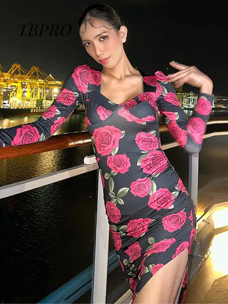 

Женское платье с цветочным принтом, длинным рукавом и U-образным вырезом