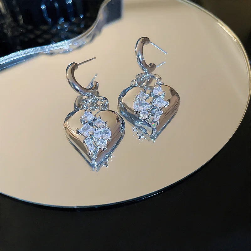 

Minar Korean Japanese Bling CZ Cubic Zirconia Heart Shape Dangle Earrings for Women Silver Color Copper Broken Love Drop Earring
