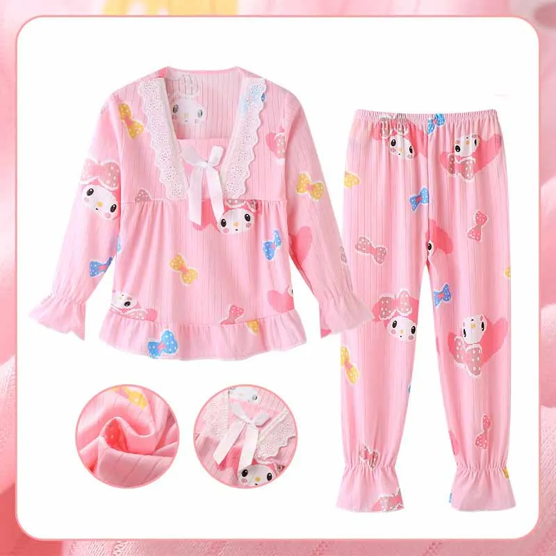 

Kawaii Sanrio High Quality Cotton Girl Long Sleeve Pajamas Kuromi Melody Children Cute Floral Home Nightdress Christmas Gift