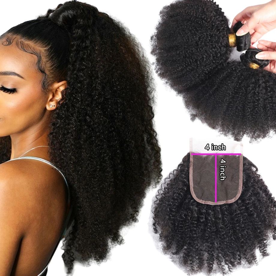 Mongolian Afro Kinky Human Hair Bundles With Closure African Natural Fluffy Hair Extensions 4x4 Lace Closure 4B 4C Tissage Afro