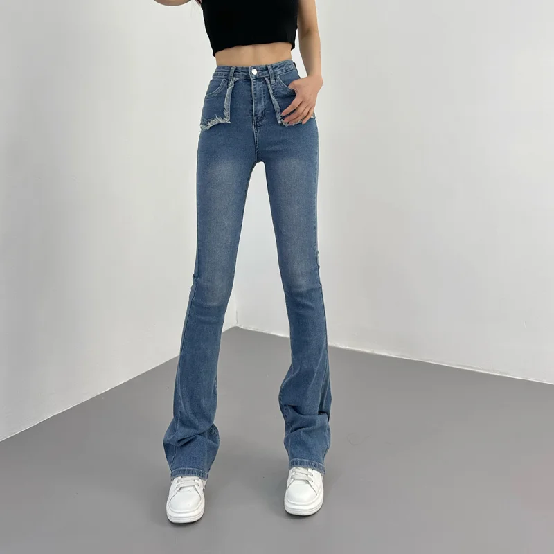 

raw pocket TVVOVVIN Front edge white micro horn jeans 2023 Spring/Summer women's high waisted elastic slim fitting jeans WFUU