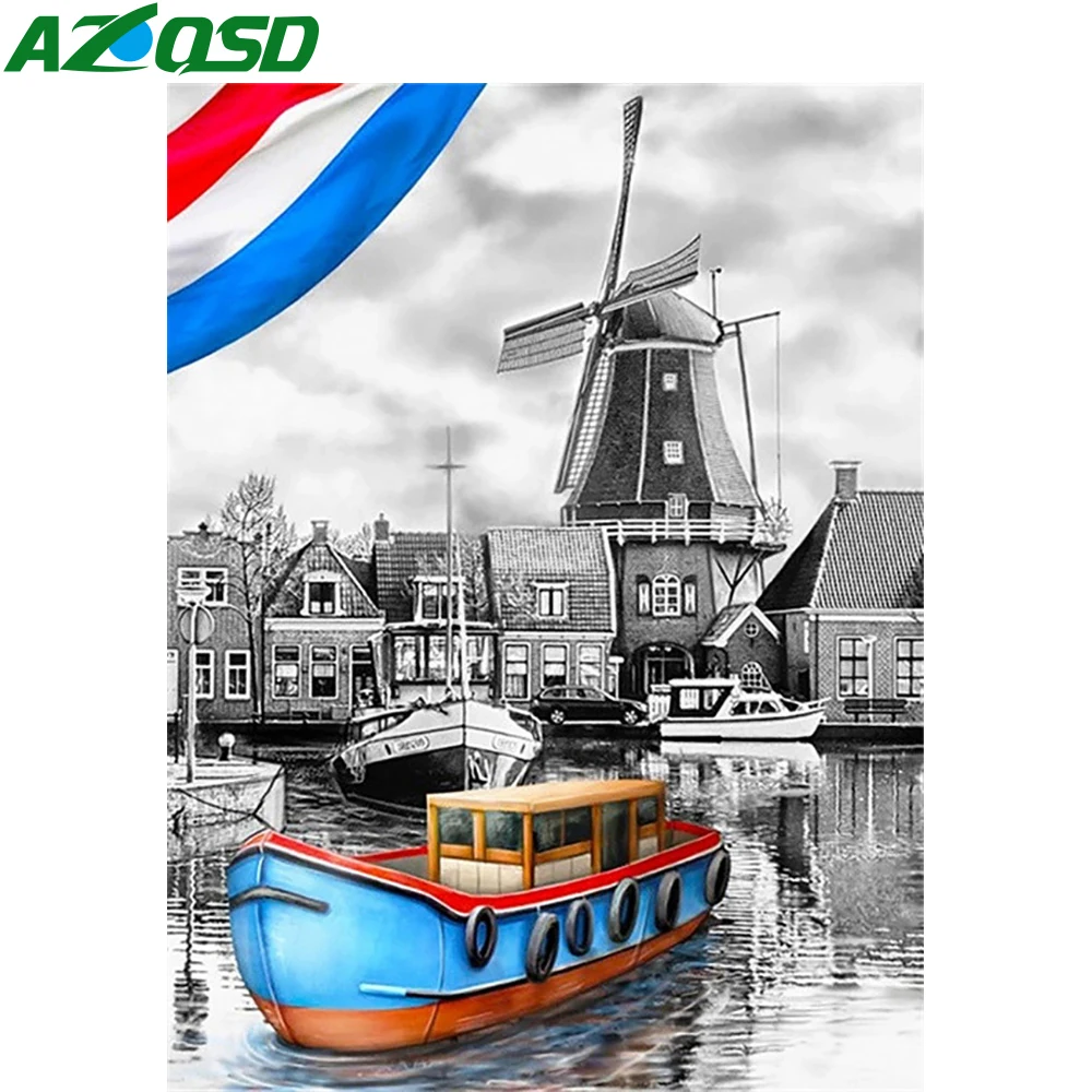 

AZQSD Алмазная вышивка, продажа, лодка, пейзаж, картина, стразы, картина, город, вышивка крестом, рукоделие, домашний декор