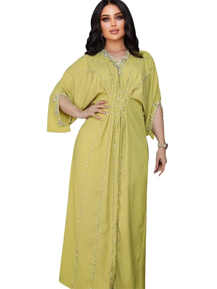 

Jalabiya Abaya Muslim Dress Women 3/4 Sleeve Empire Corset Robes With Diamond Fashion Elegant Chic Arab Dubai Muslim Party Dress