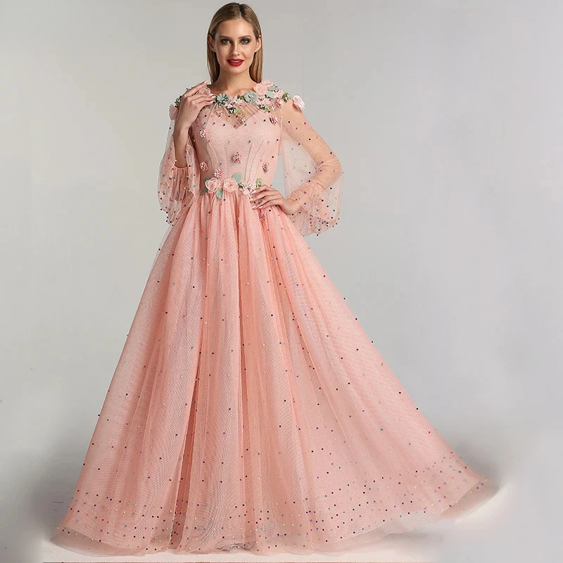 

Customized O Neck Full Sleeves Peach Color Evening Dresses Handmade Flowers Lace Up Party Long Gowns For Women