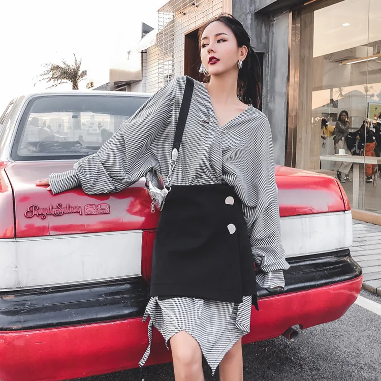 2023Irregular tailoring V-neck stylish suit dress female long-sleeved + short skirt two-piece autumn clothes486