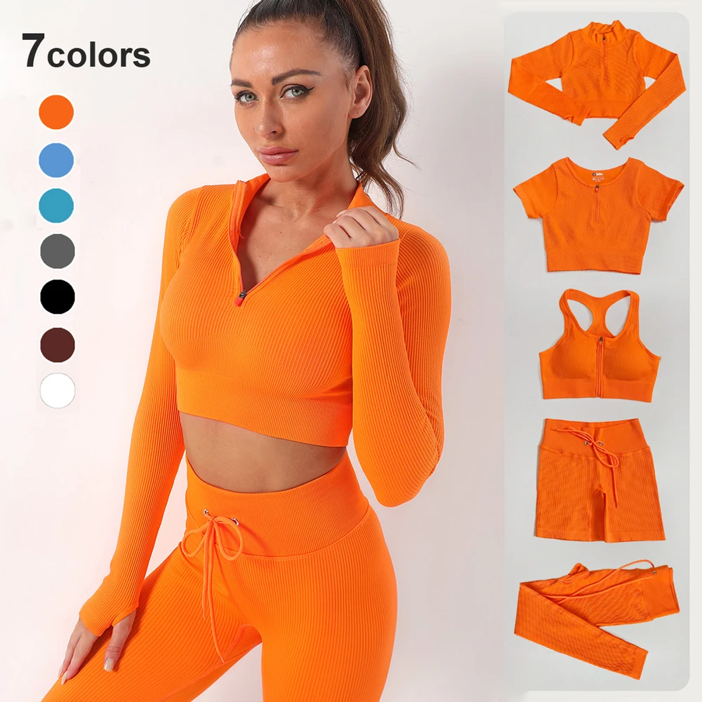 

2/3/5PC Seamless Yoga Set Women Workout Sportswear Gym Clothing Drawstring High Waist Leggings Zipper Long Sleeve Sports Suits