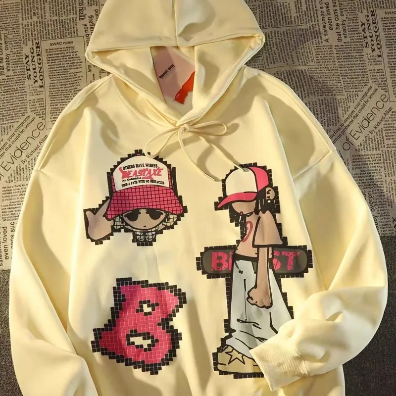 

Teenage Retro Pixel Grid Punk Man Skate Cartoon Funny Hoodies Pullover Hip Hop Streetwear Y2K Top Loose Oversized Winter Clothes