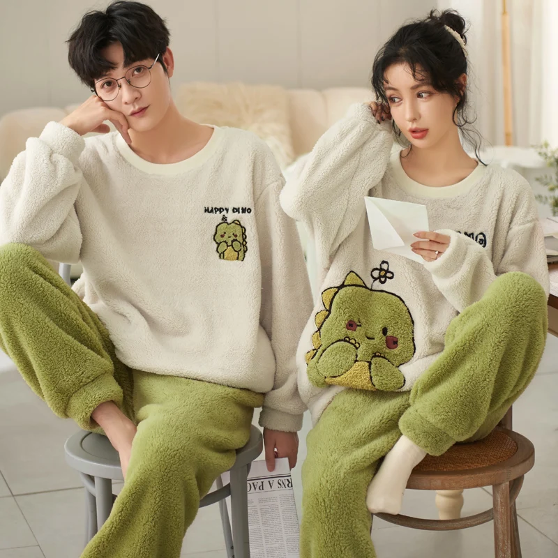 Winter Thicken Couples Pajamas Sets Sleepwear Aldult Cartoon Women Men Flannel Pyjamas Korean Suits Nightgown Drop Ship