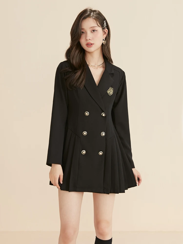 

ONE-T 2022 Autumn Sequined Double Breasted Suit Dress Women College Style Black Slim Fit Dresses Coats Long Sleeve Knee-Length