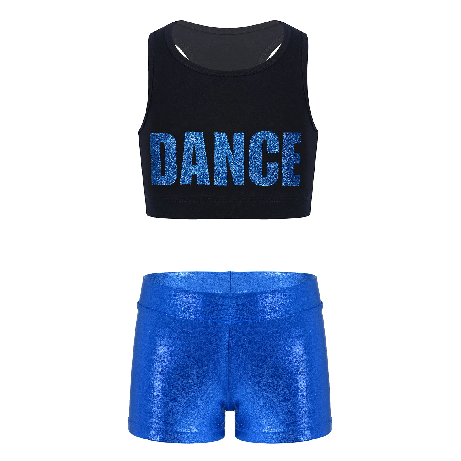 Shiny Girls Dancewear Kids Sleeveless Racer Back Crop Top + Metallic Shorts Children Ballet Gymnastics Outfits for Jazz Hiphop