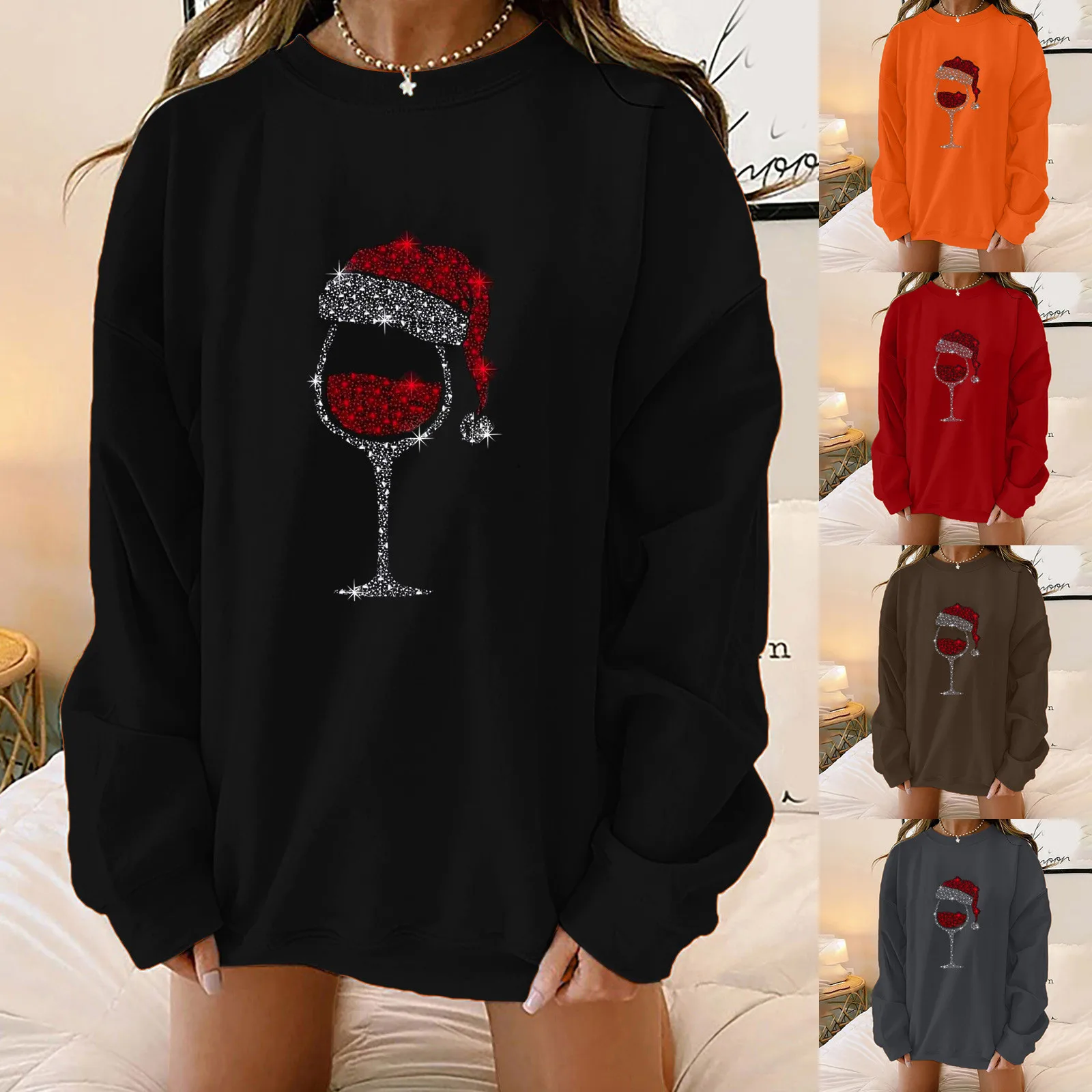 

Women Stylish Pullover Sweatshirt With Wine Glass Print Crew Neck Hoodie Sweatshirt Fleece Hoodies for Women
