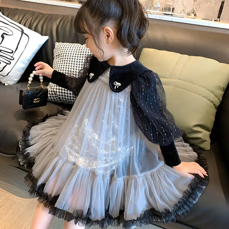 

Spring Autumn Girl Gauze Bowknot Sequin Dress Clothes Kids Peter Pan Collar Princess Fashion Thin Tutu Dresses for Child