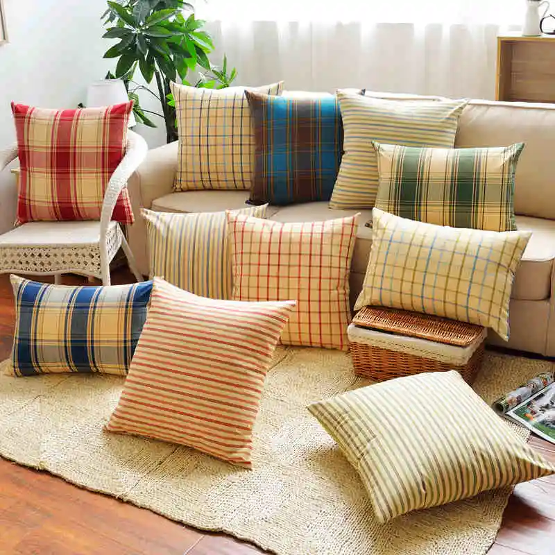 

cotton linen plaid cushion cover sofa lumbar pillowcase back cushion cover windowpane pillow cover