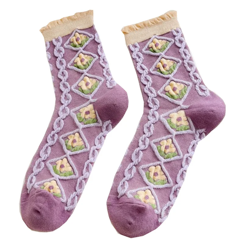 5 Pair Kawaii Frilly Socks Women Long Winter Cotton Socks Fashion Japan Style Purple Lolita Street Accessories Cute Socken Femm