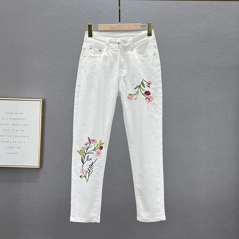 

White Jeans for Women 2023 New Spring Summer Stretchy Denim Pants High Waist Embroidered Hot Rhinestone Cropped Pants Girls Jean