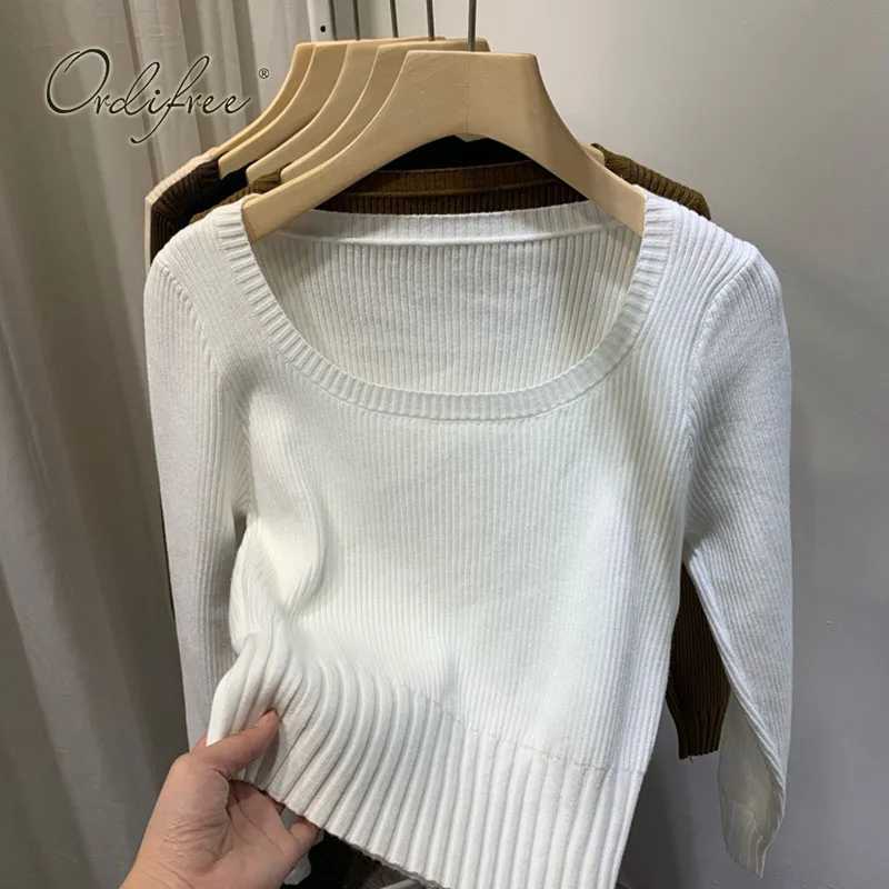 Женский трикотажный пуловер Ordifree короткий базовый свитер с длинным рукавом