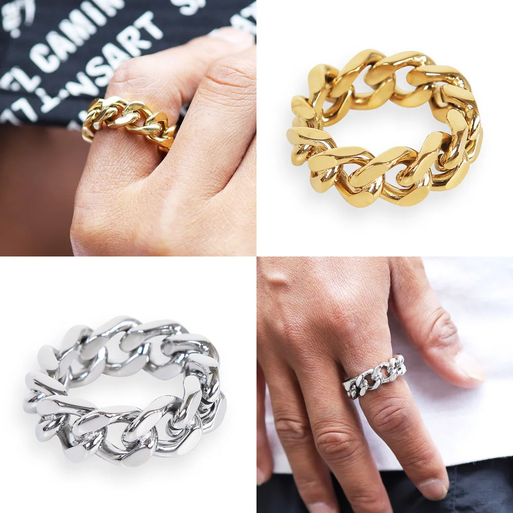 Stainless Steel Cuban Link Ring Thick Chain Circlet Fashion Hip Hop Finger Jewelry for Men Women Gift
