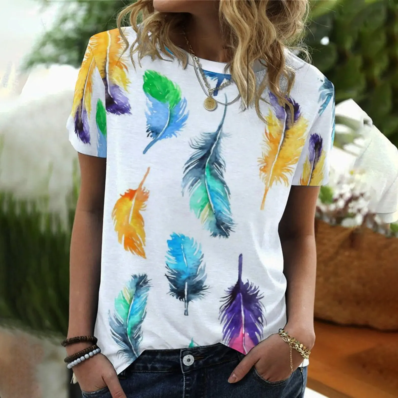 

2022 Feather print women's T-shirt round neck Summer Short Sleeve T-Shirt women's top