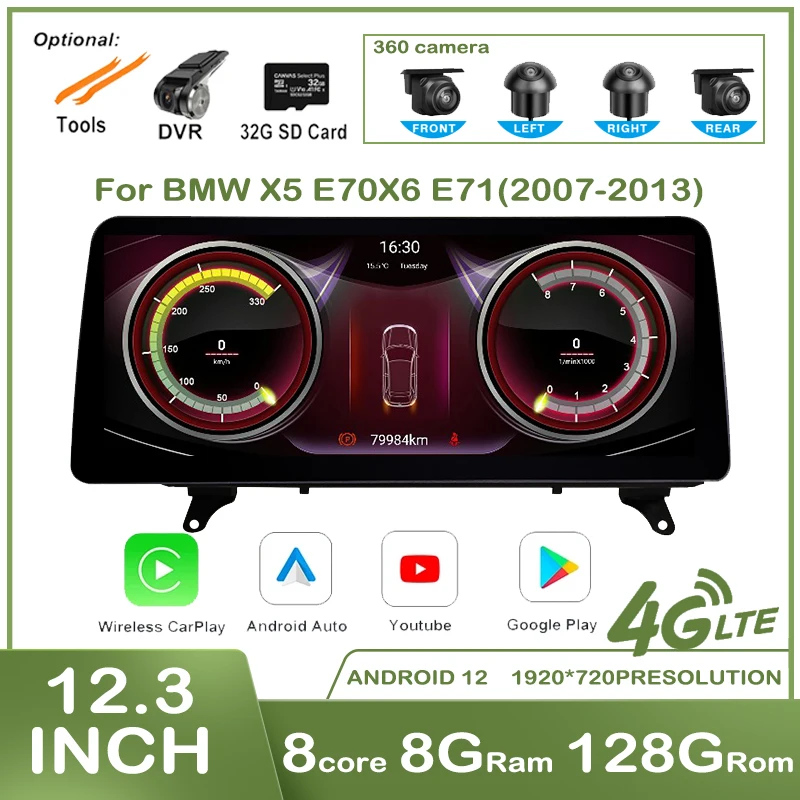

12.3'' Android 12 Wireless CarPlay Auto Radio For BMW X5 E70 X6 E71 CCC CIC System Head Unit Player Car Multimedia Navigationre
