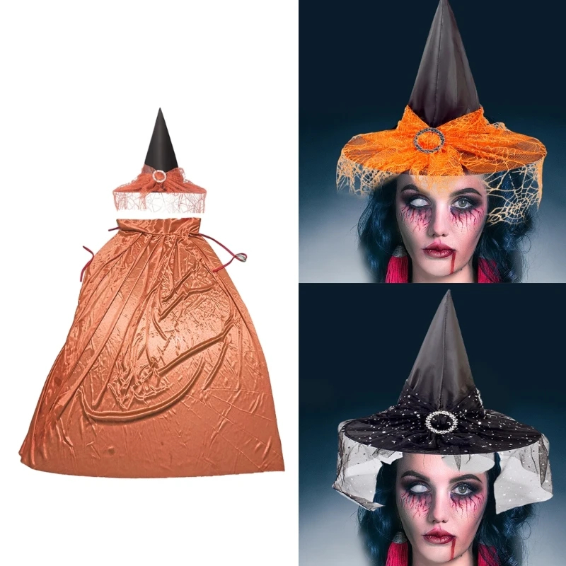 

2Pcs Wizard Cape with Hat Witch Cape Halloween Cosplay Props for Kids Adults
