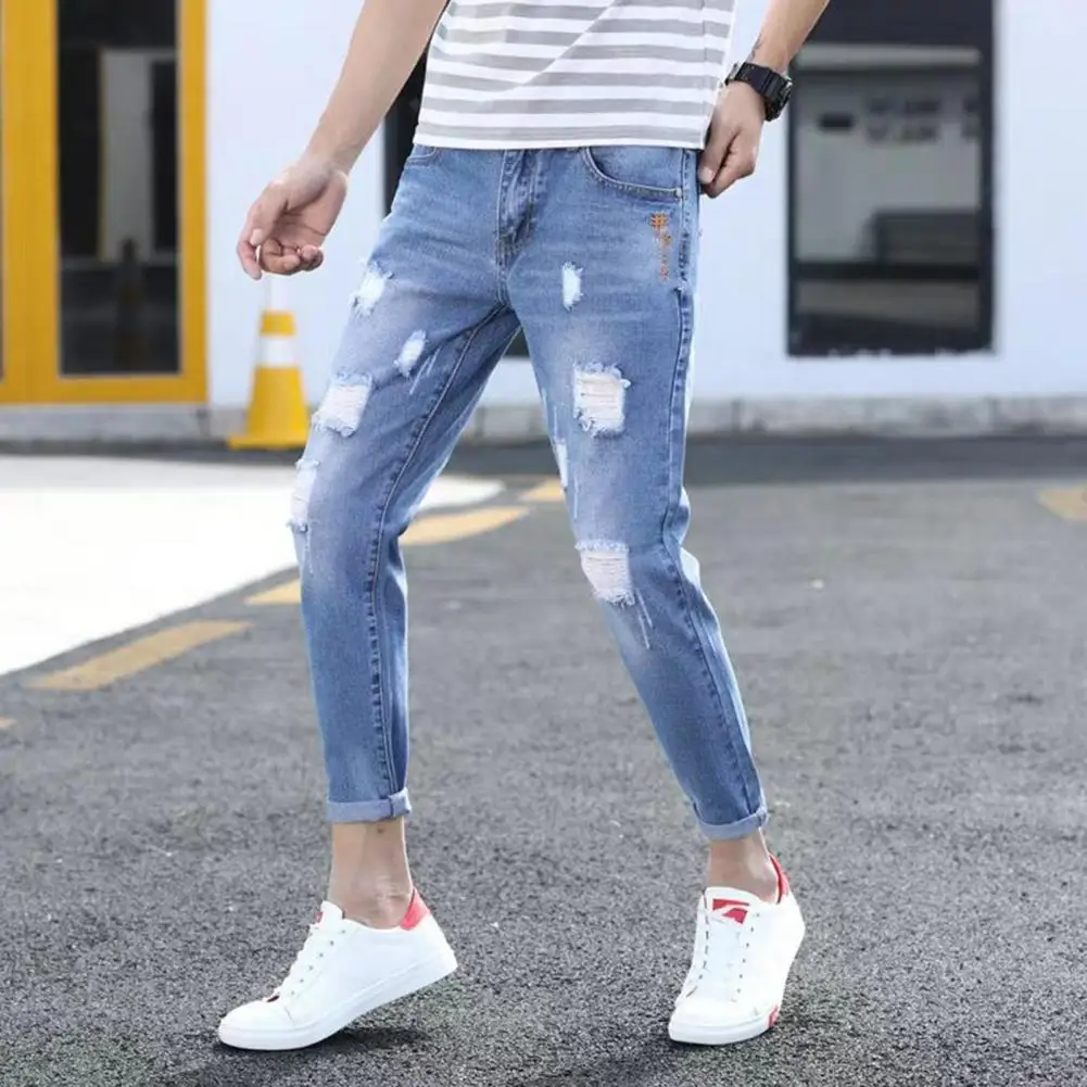 

Men Jeans Korean Style Denim Pants Ripped Holes Slim Fit Denim Pants