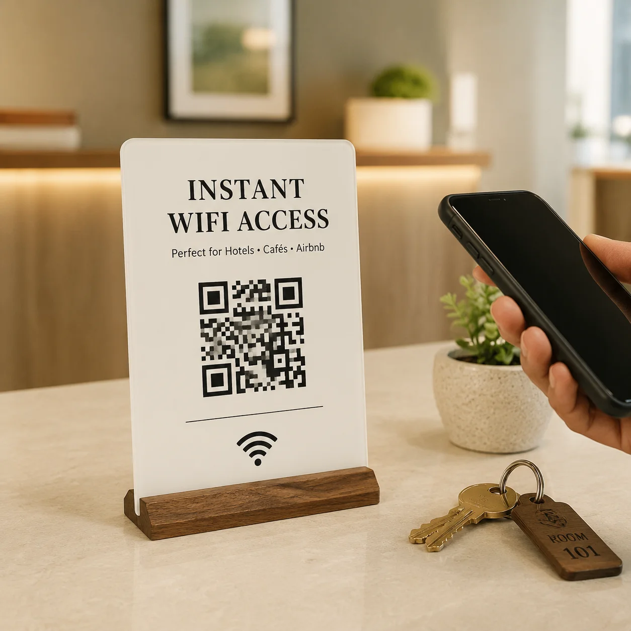 Фото Индивидуальная табличка с QR-кодом для Wi-Fi пароля, современная акриловая настольная табличка с деревянной подставкой для декора Airbnb, салона, спа, отеля, офиса, дома. №1