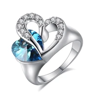 elegant fashion silver color inlaid blue zircon double heart crystal ring for women temperament engagement party ring jewelry