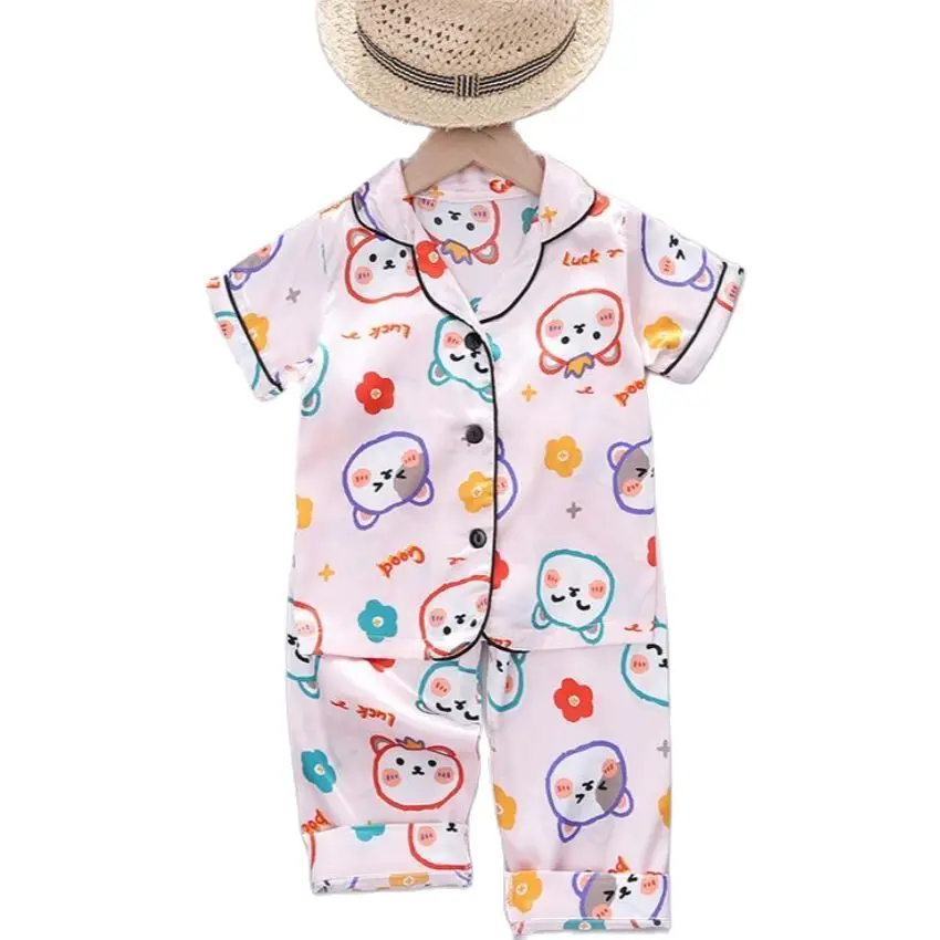 

Baby suit home Wear 2-6 Years Baby Pajamas Set Kids Clothes Toddler Boys Girls Lce Silk Satin Cartoon Printing Tops Pants Set