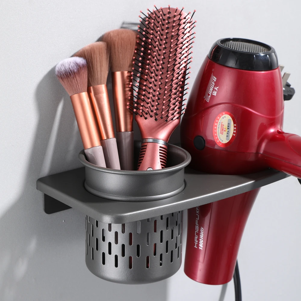 

Hair Dryer Rack Wall Mount Storage Shelf Hooks Bathroom Rack Accessories Bracket Organizer Space Aluminium With Cup Rack