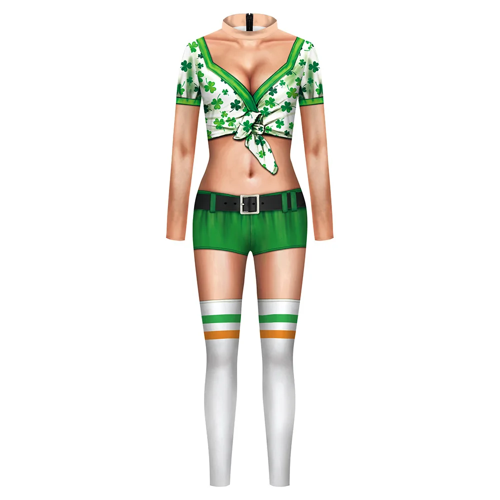 

Fake Bikini Green 3D Printed Jumpsuit Adult Party Role Play Halloween Cosplay Costumes Women Men Tight Bodycon Slim Bodysuit