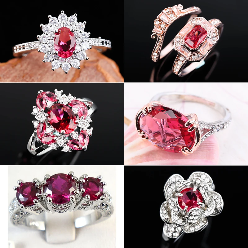 

Gorgeous Red Stone Flower Rings For Women Classic With White Glass Filledia Silver Color Wedding Fashion Jewelry Gift