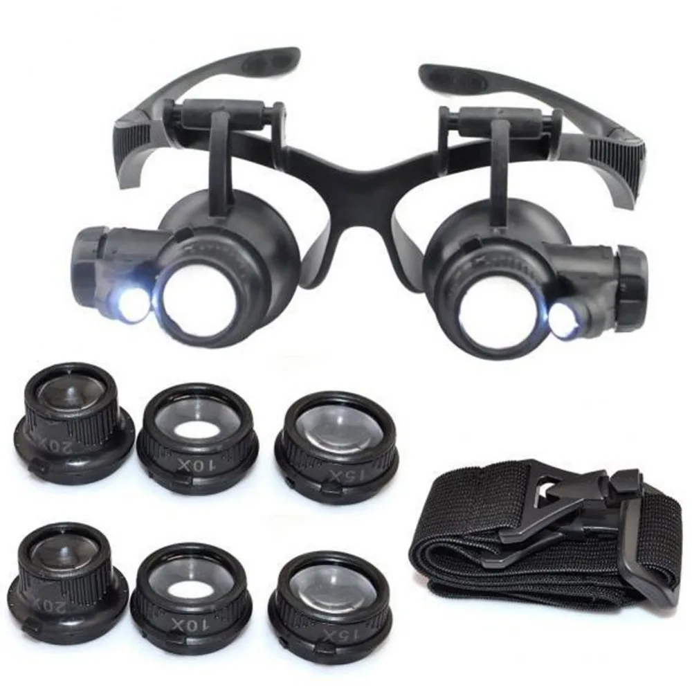 Headband 10x 15x 20x 25x Multi-Power Double LED Lights Magnifier Eye Glasses Watch Repair Tools Loupe Jeweler Magnifying Glass