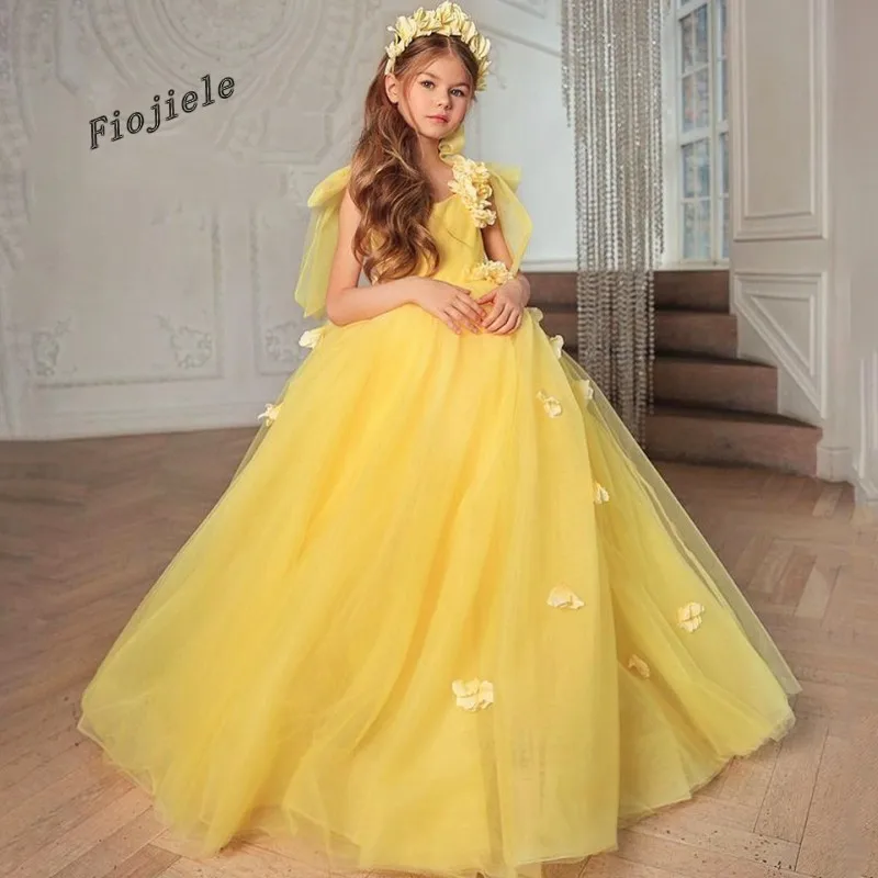 

Yellow Flower Girl Dress Soft Tulle Puffy Scoop Neck Sleeveless Bow Flowers For Wedding Party Long First Communion Gown