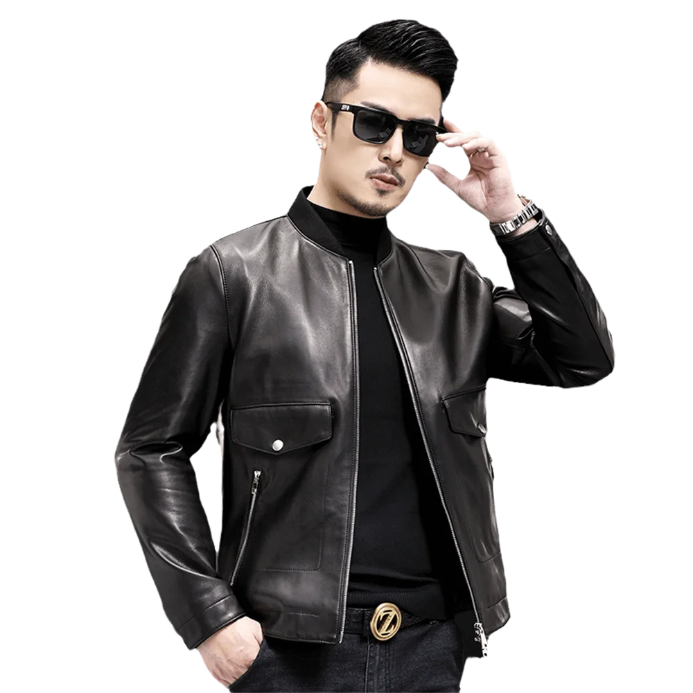 

2022 LUHAYESA Semi Vegetable Tanning Goat Skin Leather Jacket Casual Baseball Collar Top Quality Leather Genuine Clothes