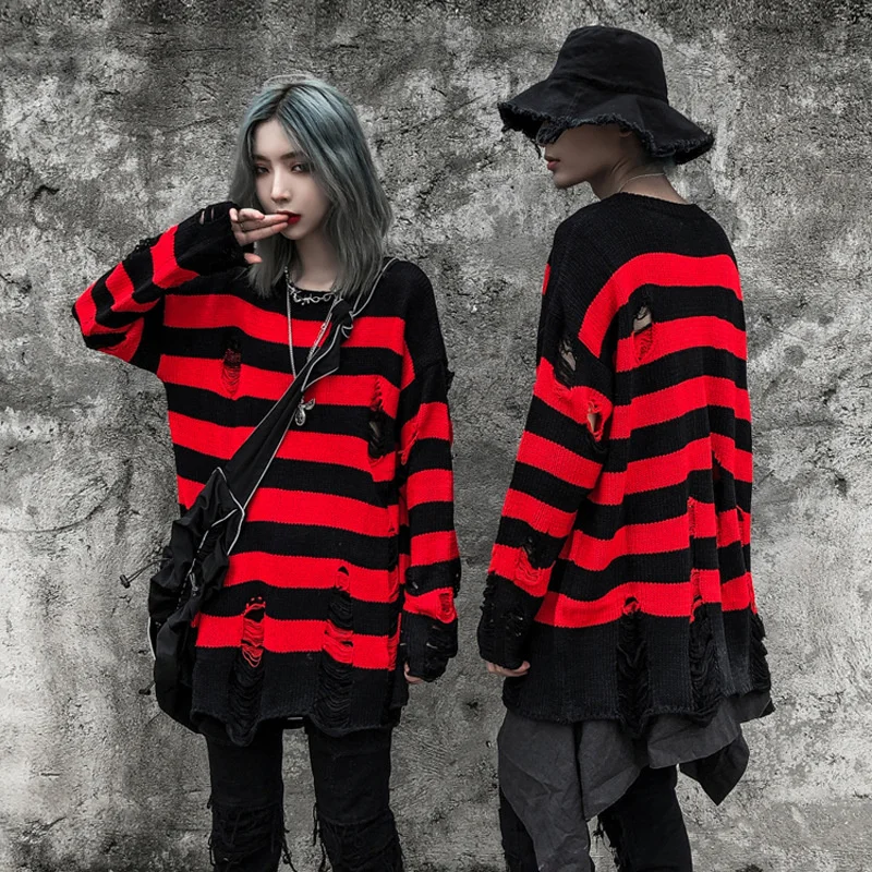 

Unisex Gothic Striped Knitted Sweaters Women Fall Fashion Punk Pull Over Sweater Female Hollow Out Couple Jumpers Toppies