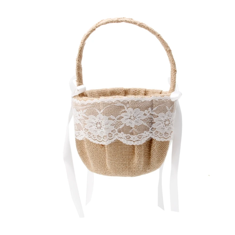 

Burlap Flower Girl Basket For Vintage Rustic Wedding Ceremony Small Handmade Craft with Lovely Lace and Bowknot Durable