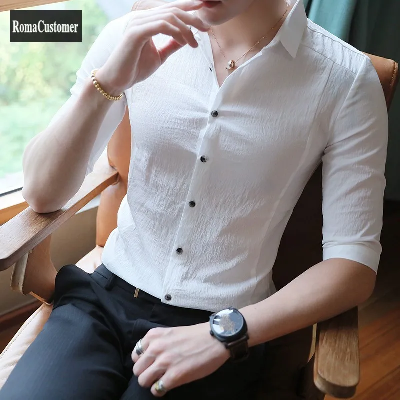 

Summer Mens Three Quarter Sleeve Shirt Trend Slim British Style Short Sleeve Casual Handsome Single Breasted White Blouse