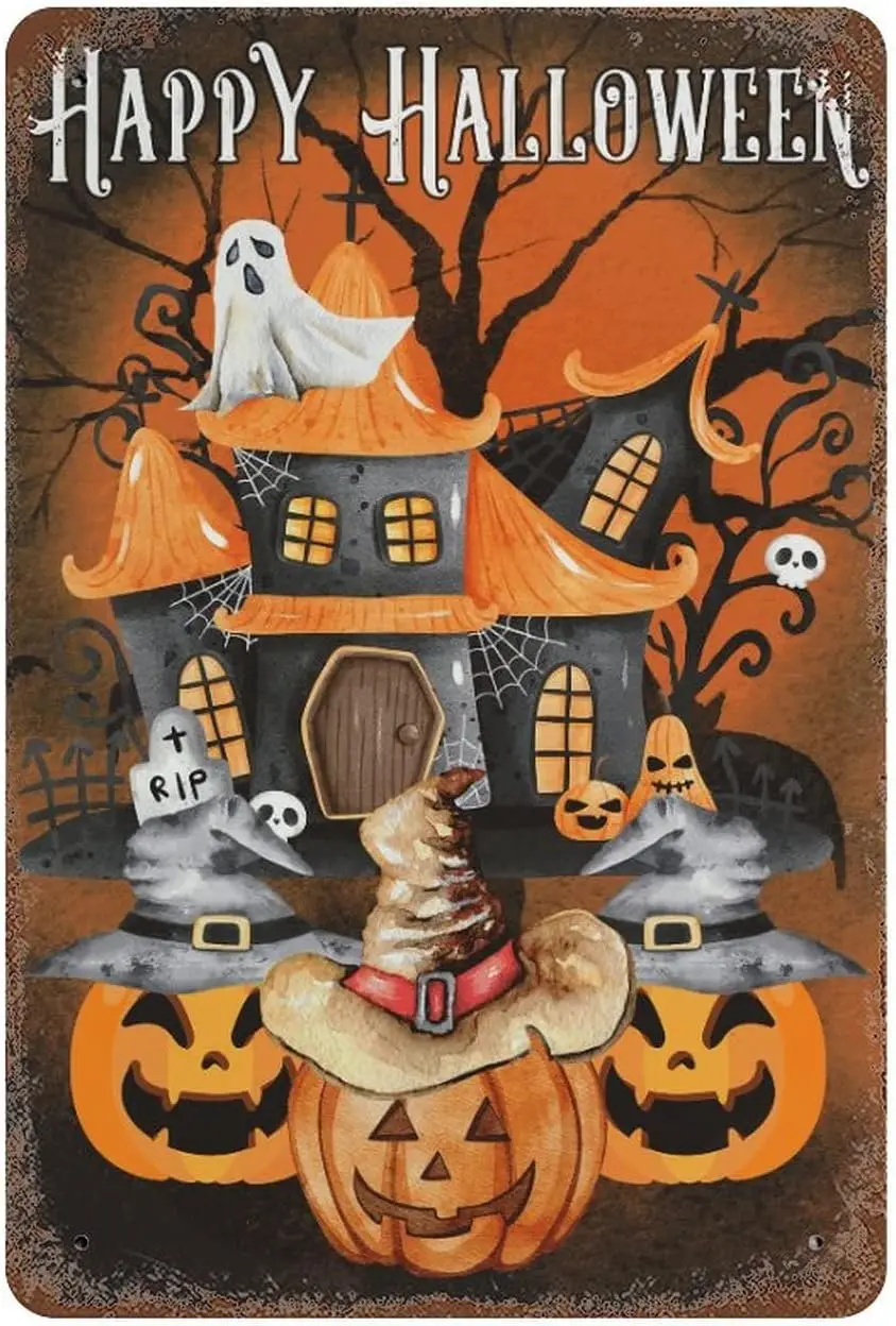 Metl Tn Sgn Hppy Hlloween Pumpkn Hunted House Wll Scry Nght Wtch Ht Jck-o-Lntern Evl Vntge for Hom