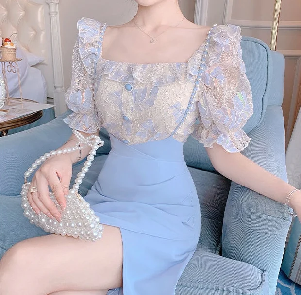 

Niggeey Chic Elegant Women Lace Dress Vintage Blue Puff Sleeve Floral Two-Piece Dress Korean Dresses Ladies Summer 2022