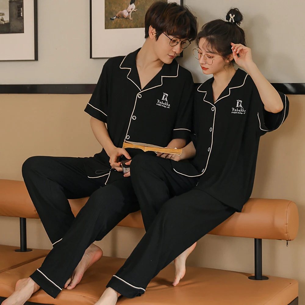 Couples 100% Cotton Sleepwear Women's Summer Casual Solid Short Sleeve Pyjamas Long Pajamas Pants Suit Comfort Men Pajama Sets