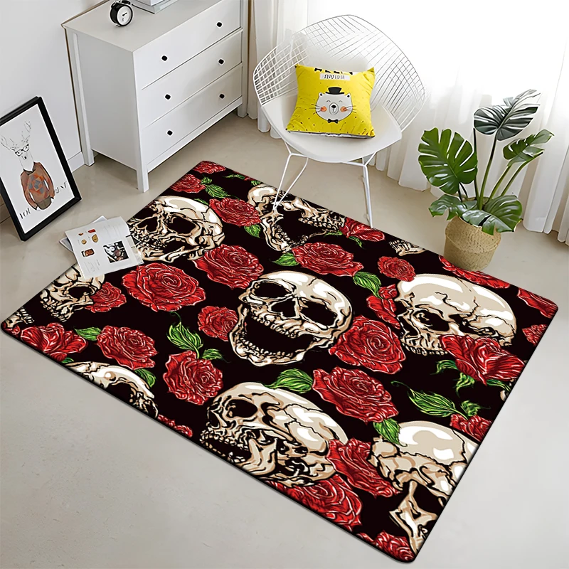 Vintage Ornamental Skulls Rose Pattern Carpet for Living Room Rugs Camping Stranger Things Picnic Mat Anti-Slip E-sports Rug