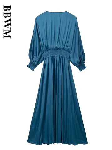 Blue Long Dress Satin Split Design Woman Vintage Long Sleeve Elegant Dresses Women 2023 New Chic Female Elastic Waist Dress
