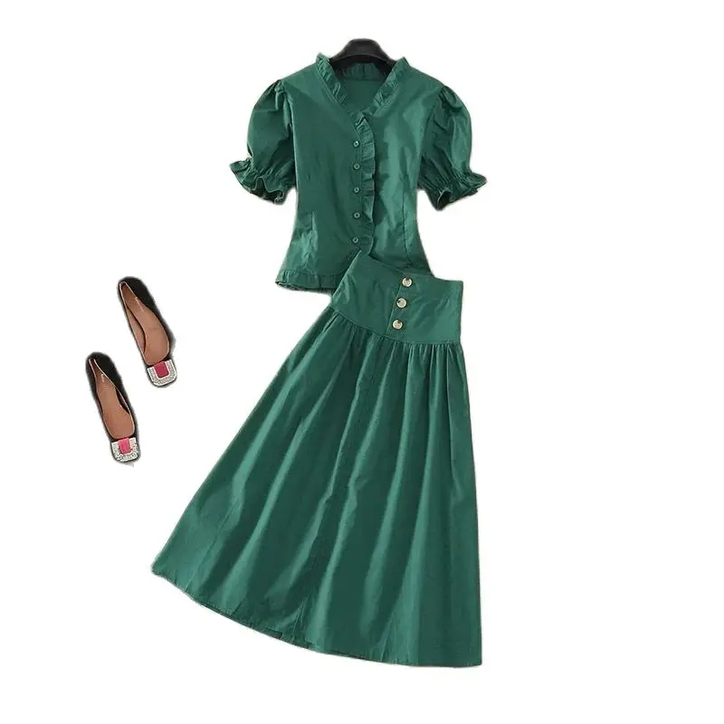 

Fashion Skirt 2022 Summer Women's New Solid Color Short-sleeved French Slim Shirt Skirt Two-piece Suit Casual Long Skirt Women
