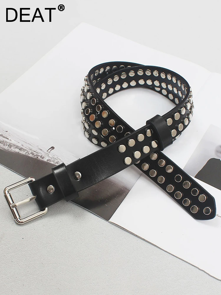DEAT Fashion Women Belt Pu Leather Metal Buckle Adjustable Rivet Black Waist Retraction Waistband Female Summer 2023 New 17A9108