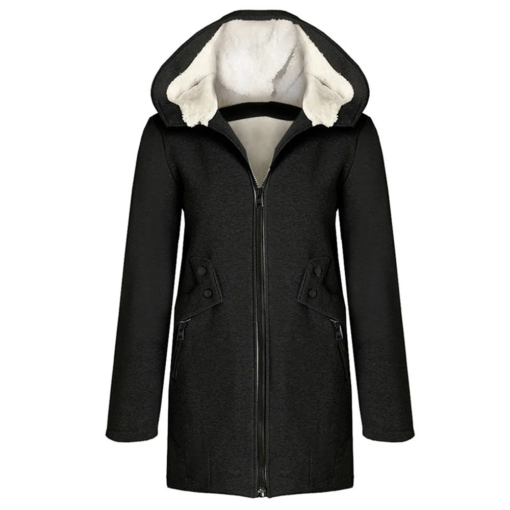 

Women Fashion Thicken Hoodie Solid Color Long Sleeve Zipper Hooded Loose Pocket Patchwork OL Commuter Winter Fall Lady Hoodie
